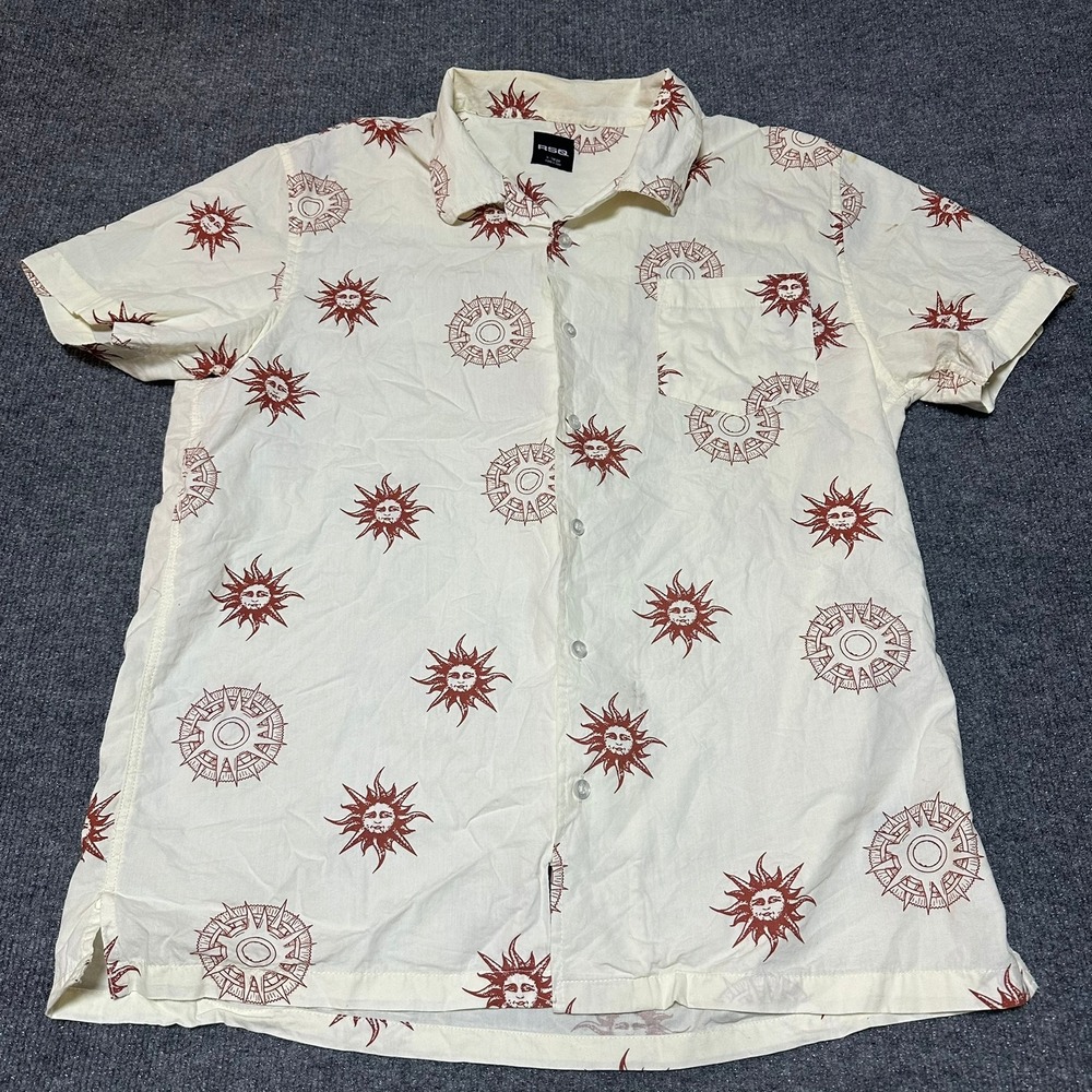 RSQ Mens‎ Celestial Sun Print Short Sleeve Button Down Shirt Cream XL